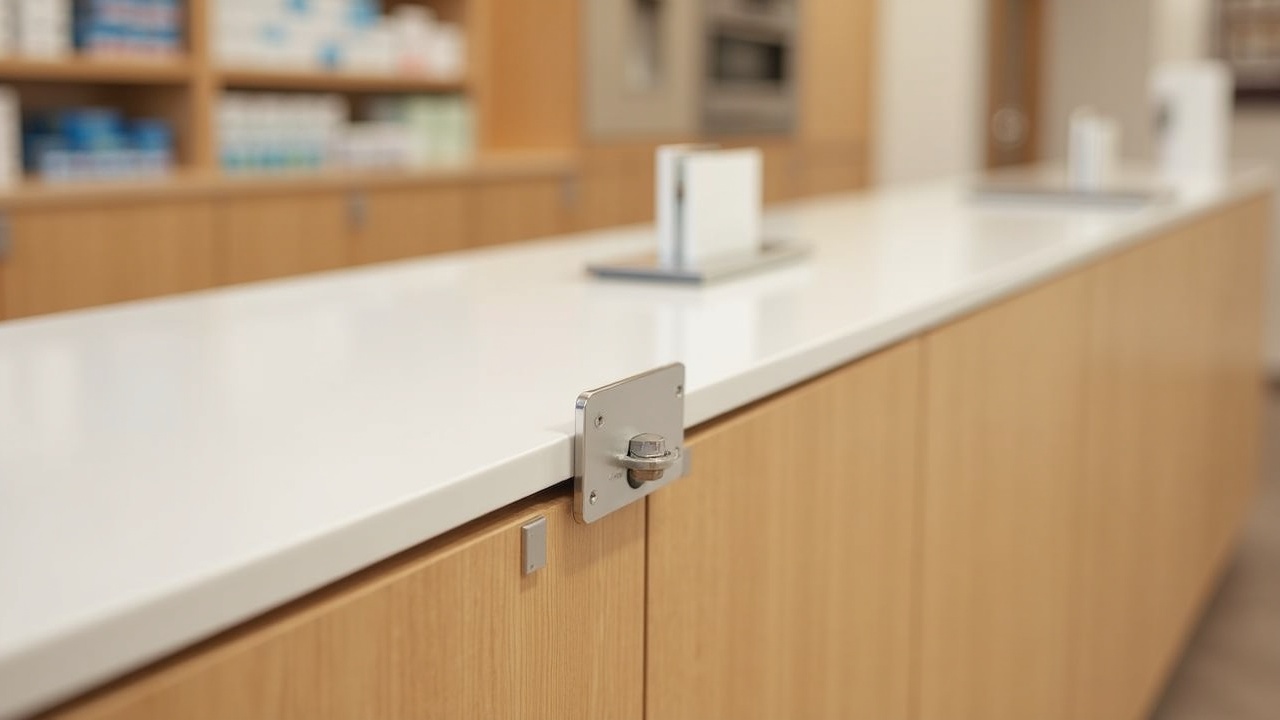 Linéaires parapharmacie sur mesure en chêne et laqué mat, éclairage LED intégré en tête de rayon