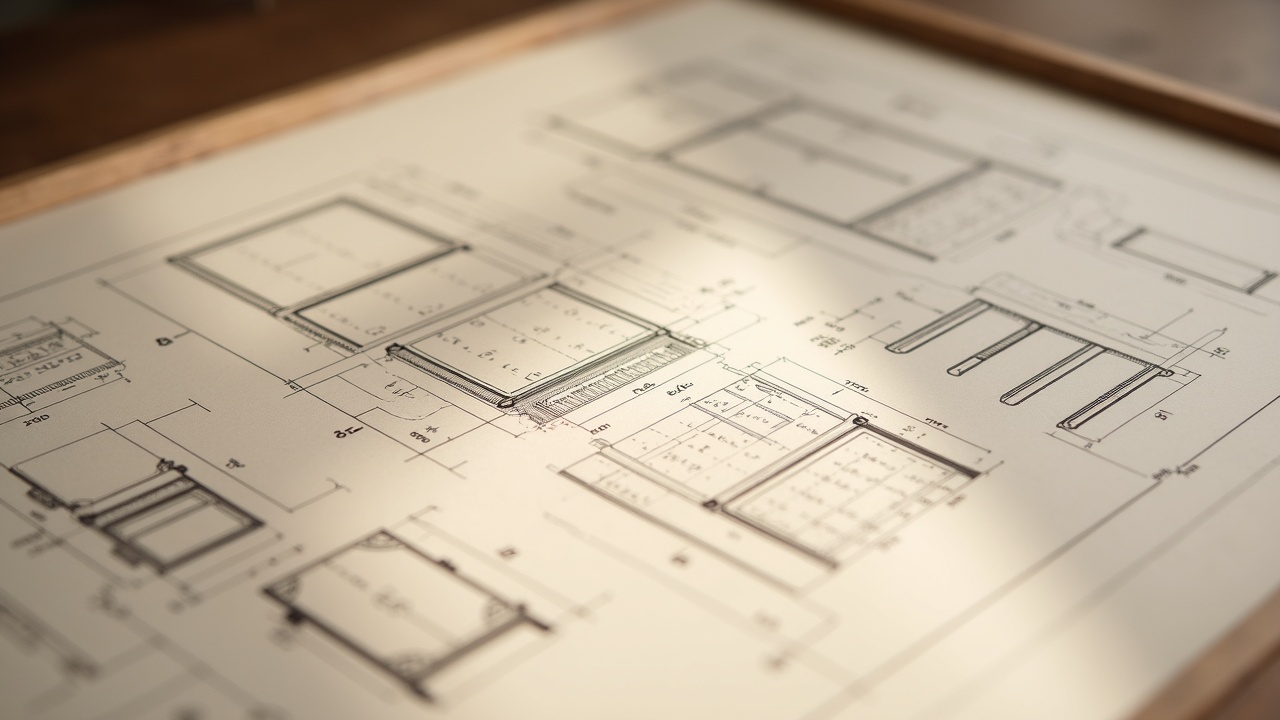 Atelier d'ébénisterie avec plans techniques sur table de travail