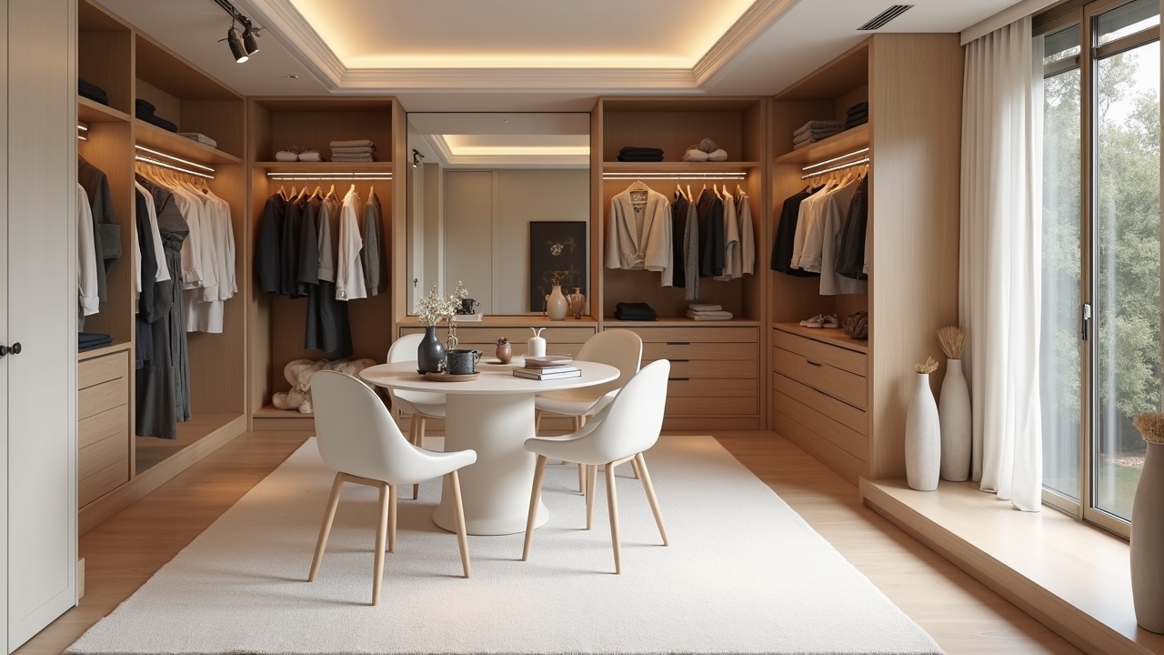 Dressing ouvert sol-plafond avec organisation intérieure visible en lumière naturelle