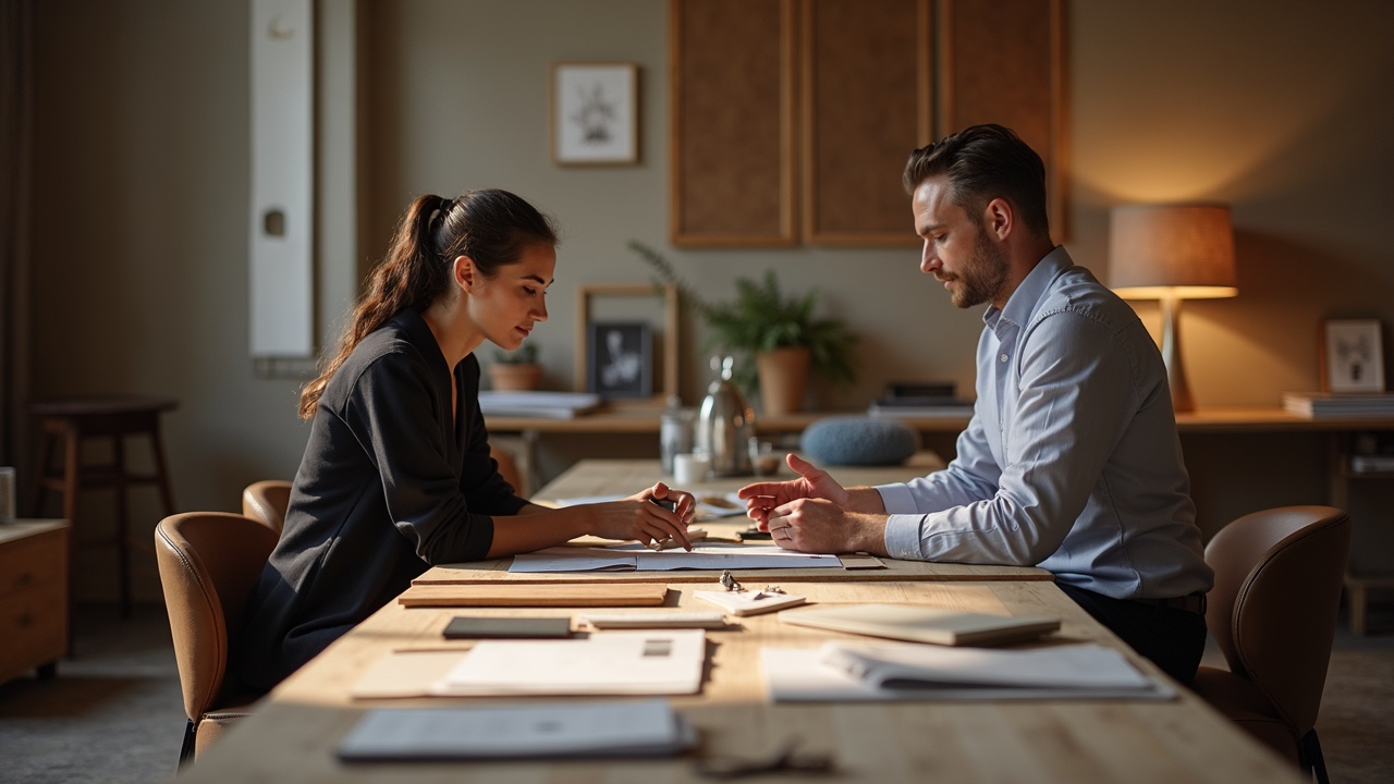 Réunion de travail autour de plans d'agencement sur mesure — échange entre client et agenceur