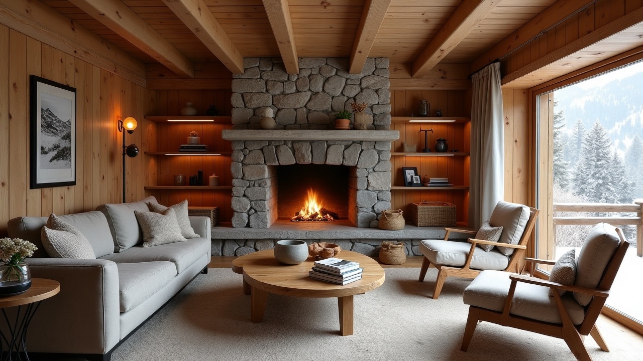 Intérieur de chalet en bois massif avec mobilier sur mesure et poutres apparentes