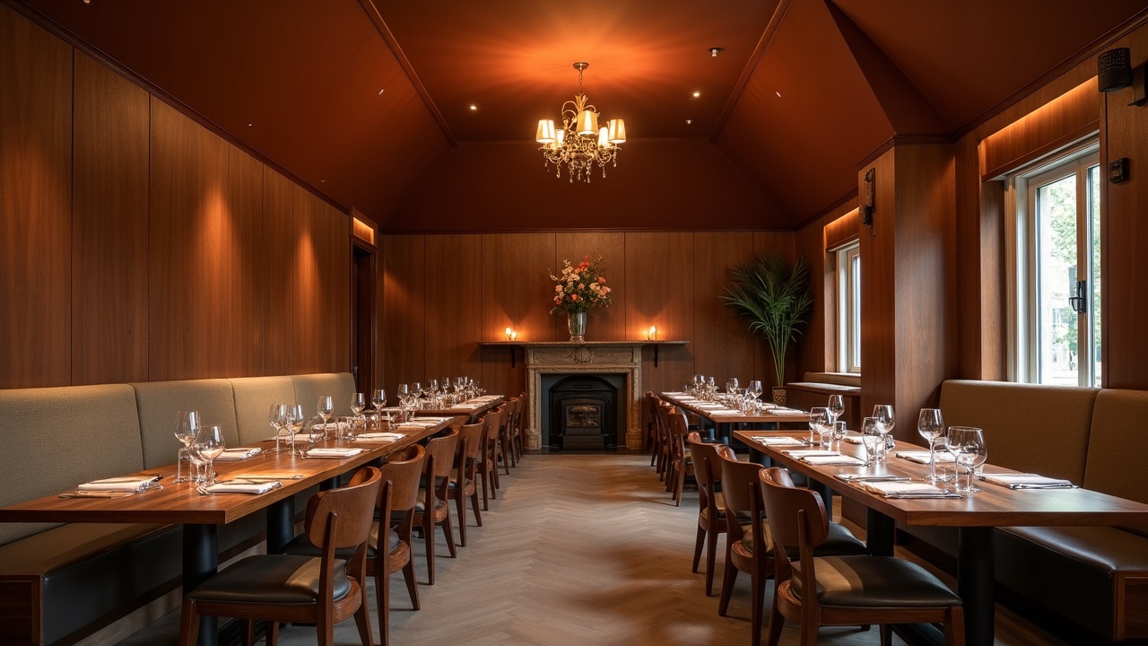 Salle de restaurant gastronomique avec mobilier sur mesure en chêne massif et banquettes rembourrées