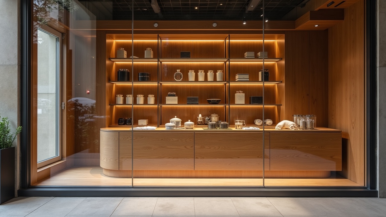 Vitrine de boutique luxe — mobilier mural en chêne fumé, profils laiton brossé et éclairage zénithal 2 700 K