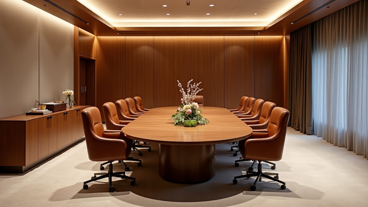 Salle de conseil d'administration avec table en noyer massif sur mesure et rangements intégrés pleine hauteur