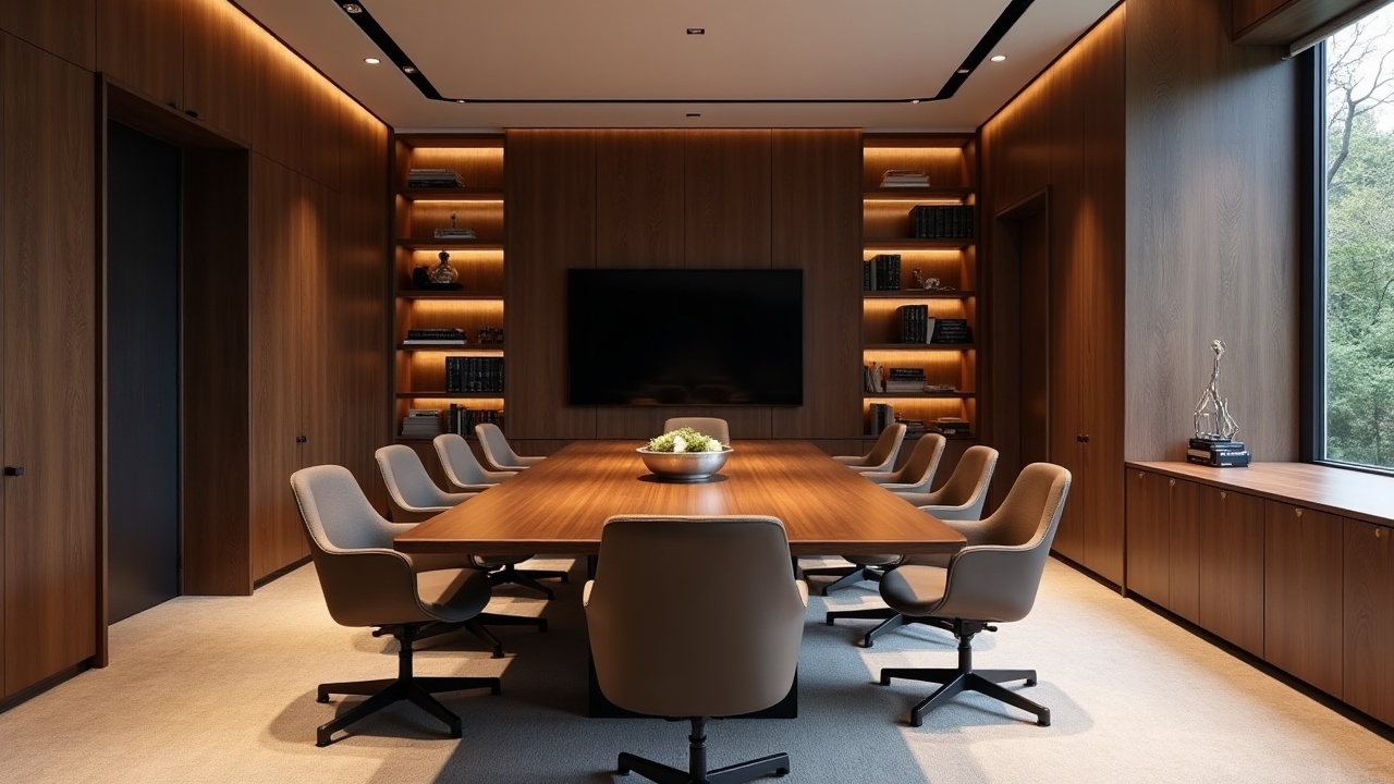 Salle de réunion direction avec éclairage intégré, signalétique institutionnelle et mobilier sur mesure en chêne