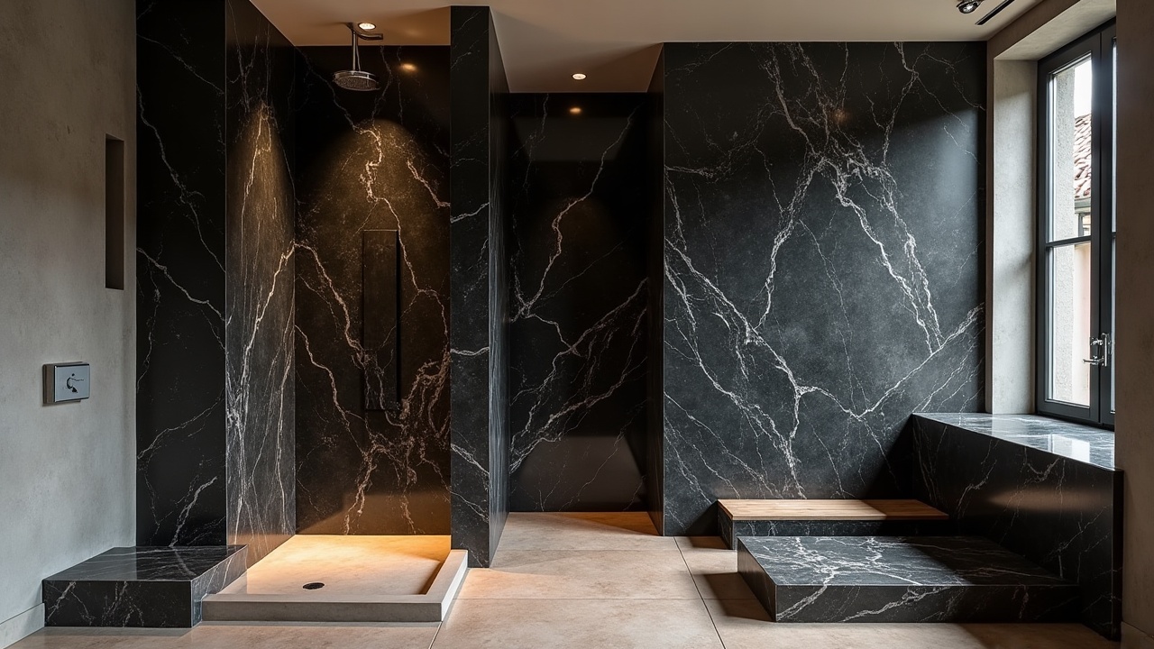 Salle de bain italienne avec meuble vasque sur mesure en chêne massif huilé, plan Dekton et douche sans receveur à caniveau linéaire