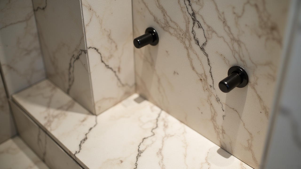 Détail caissonnerie meuble salle de bain sur mesure en frêne massif, tiroirs à queues d'aronde visibles, plan vasque en marbre Calacatta