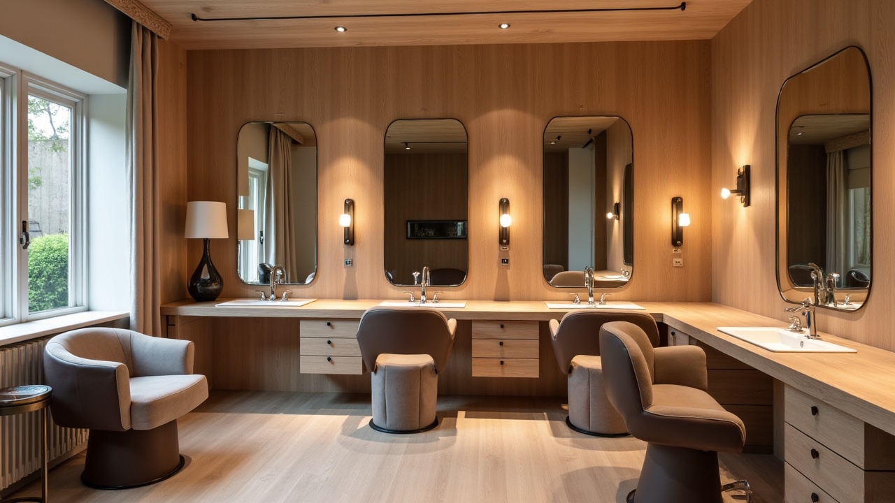 Intérieur d'un salon de coiffure haut de gamme avec postes de coiffage sur mesure en chêne massif et éclairage IRC intégré