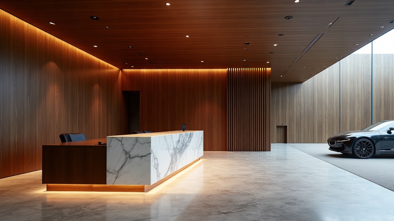 Hall de showroom automobile haut de gamme avec comptoir d'accueil sur mesure en bois noble et éclairage intégré
