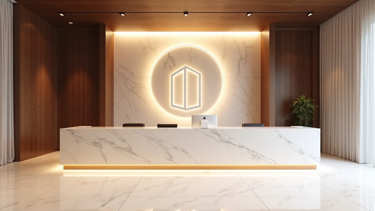 Hall d'accueil professionnel avec banque d'accueil sur mesure en bois massif et métal brossé