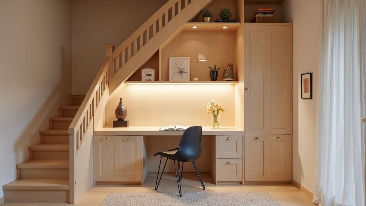 Aménagement sous escalier sur mesure en chêne massif — intégration cave à vins et rangements structurés