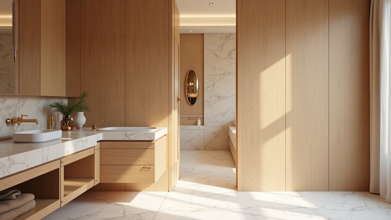 Salle de bain privative de suite parentale avec meuble vasque double en chêne fumé et plan en marbre Calacatta