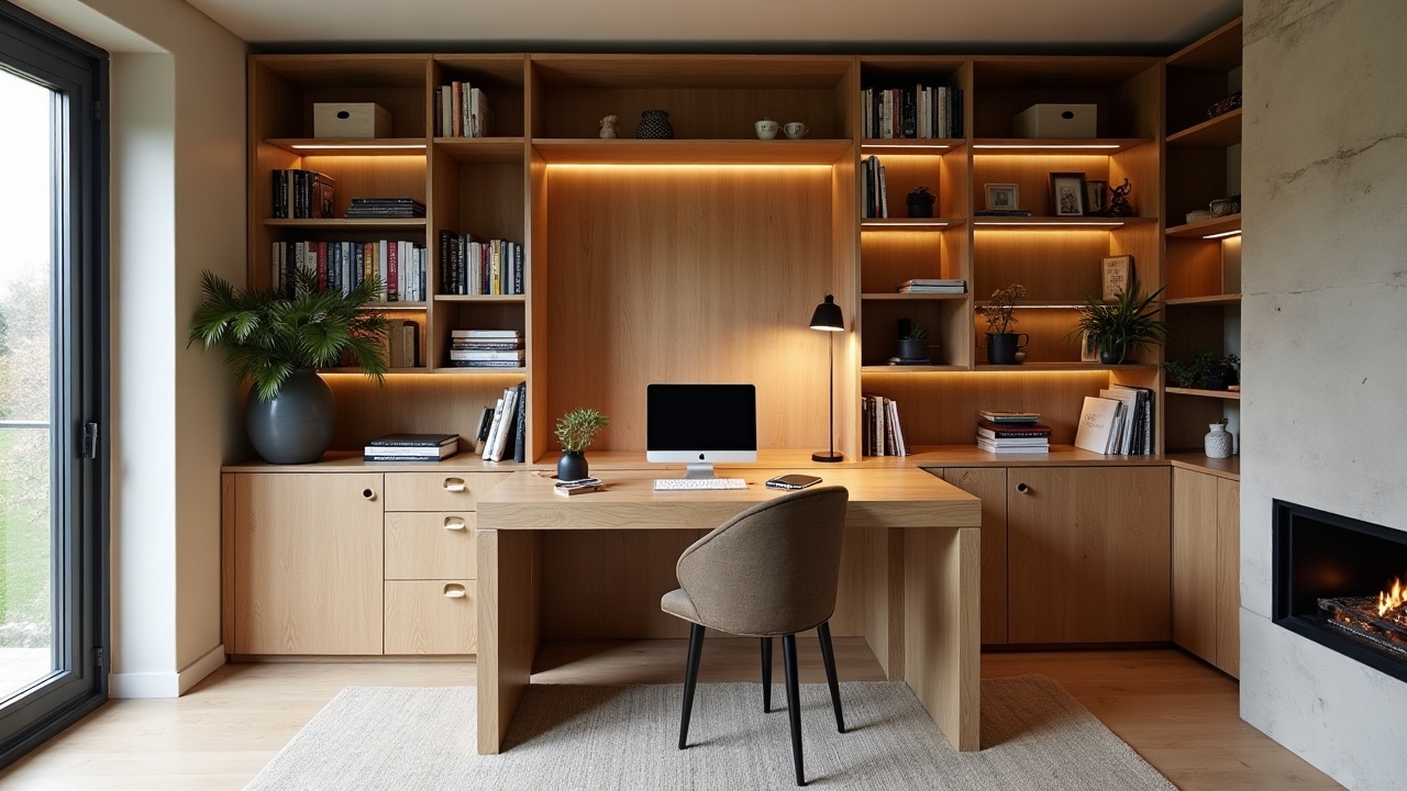 Bureau d'angle contemporain avec bibliothèque murale sol-plafond en noyer, niches rétroéclairées LED et façades laque UV mat