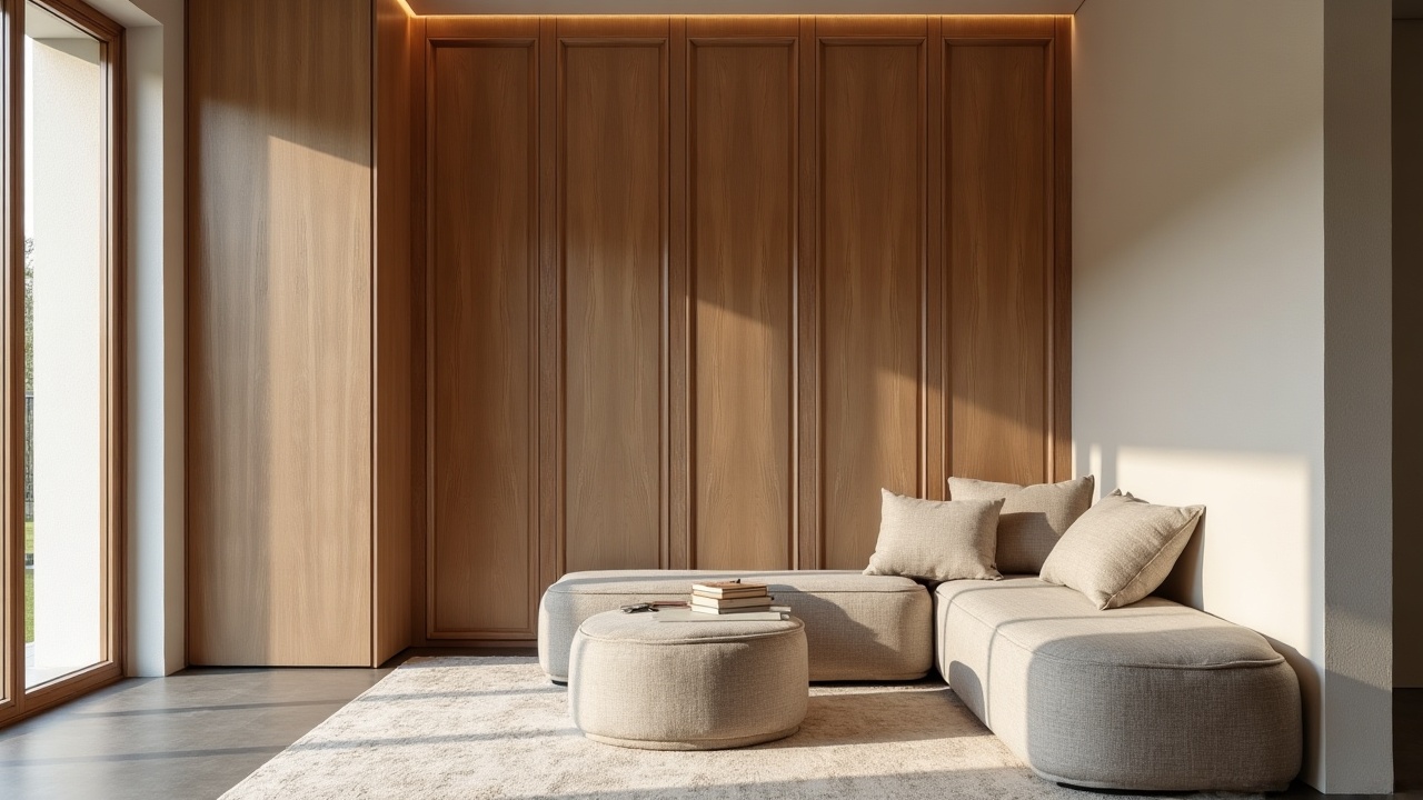Espace de travail haut de gamme avec mobilier sur mesure en bois sombre, détails laiton et volumes suspendus