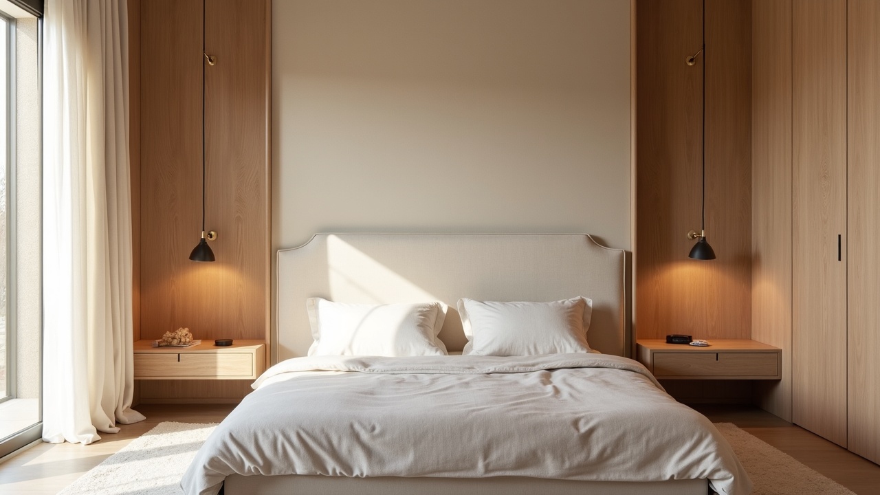 Chambre avec habillage mural en chêne plaqué sur mesure et éclairage indirect intégré