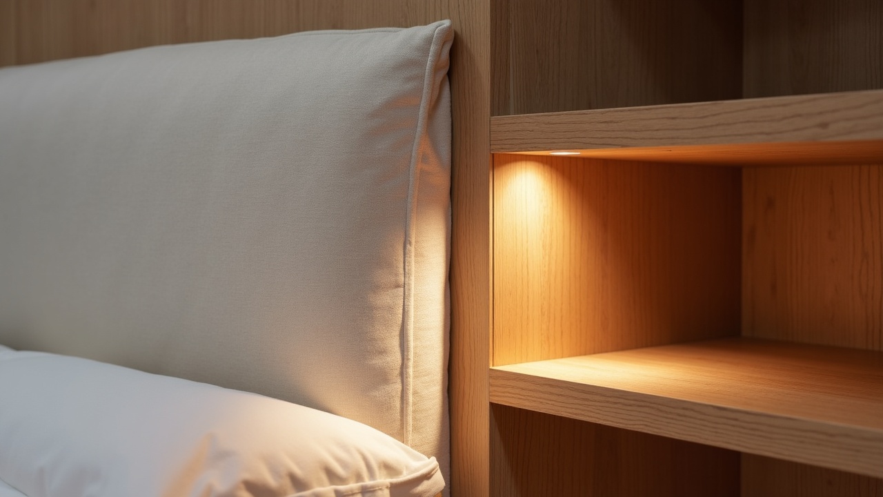 Détail tête de lit en noyer américain avec niche éclairée et insert laiton brossé