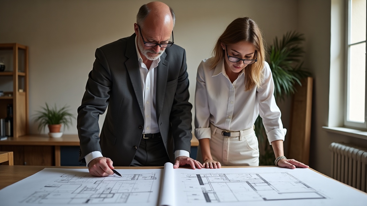 Table de travail d'architecte avec plans d'élévation de mobilier sur mesure, échantillons de chêne massif et règles à cotes