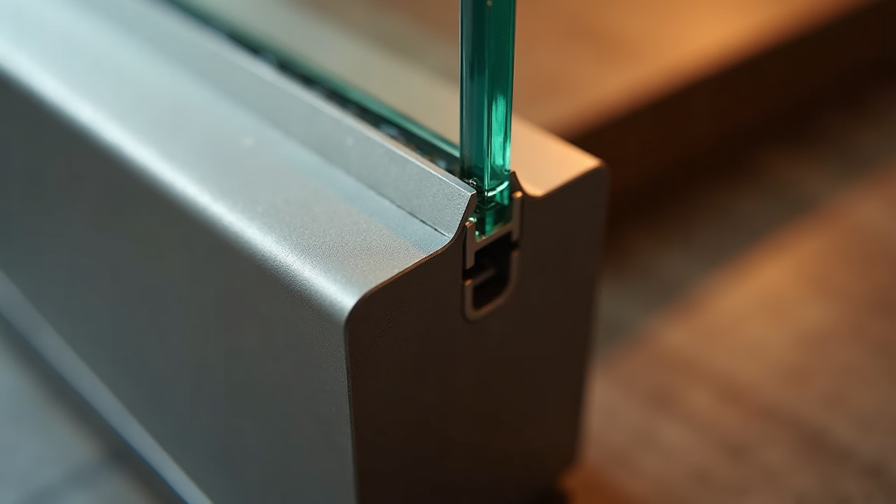 Détail d'une verrière intérieure avec vitrage feuilleté acoustique et montants acier fins noirs