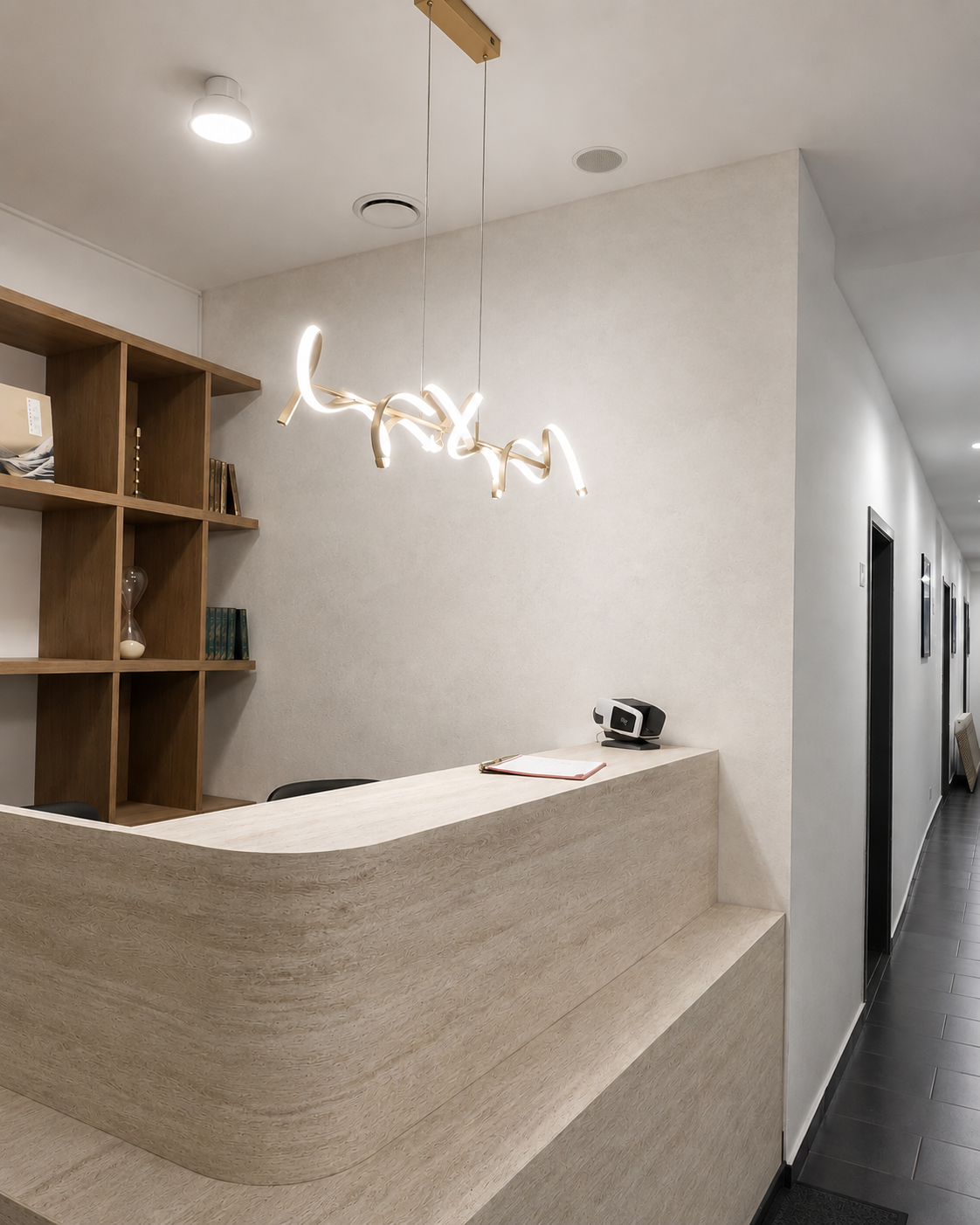 Banque d'accueil cabinet dentaire — Bruxelles, travertin Stoneleaf et Egger Casella