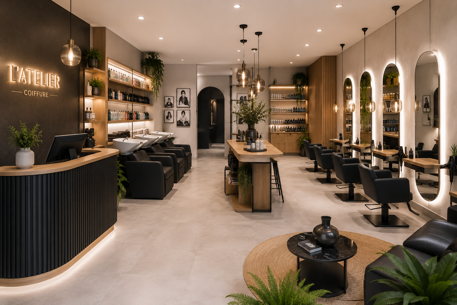 Mobilier de salon de coiffure sur mesure — postes habillés et rangements, fabrication MaisonFabrik