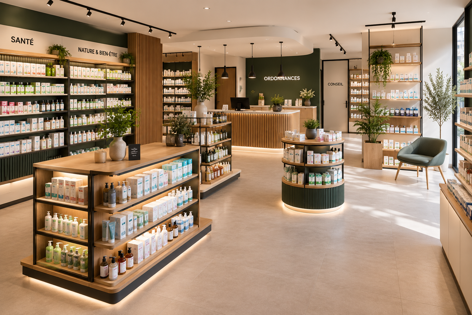 Conception 3D d'un agencement de pharmacie sur mesure — modélisation MaisonFabrik