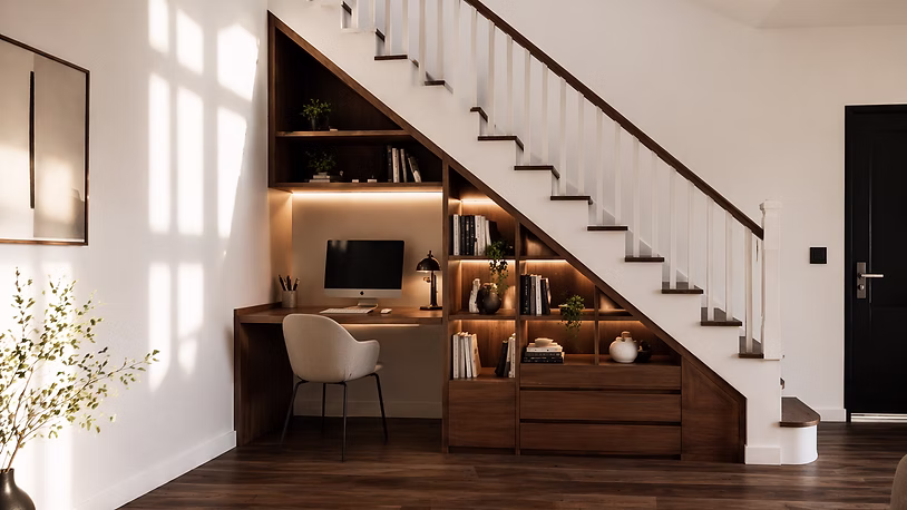 Bureau sur mesure sous escalier avec bibliothèque ouverte et tiroirs en finition noyer foncé