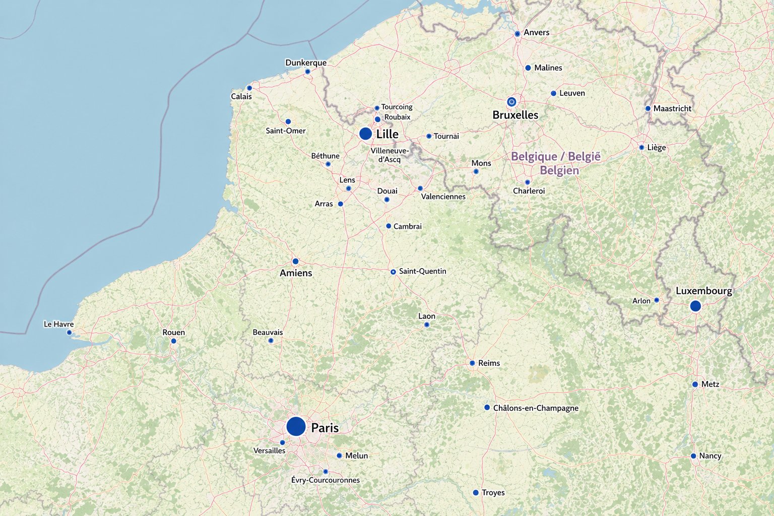 Carte des zones d'intervention MaisonFabrik — Lille, Paris, Hauts-de-France, Belgique