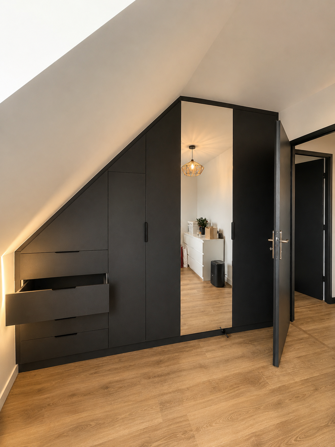 Dressing sous pente MDF noir teinté — Frelinghien, chambre 10 m² mansardée