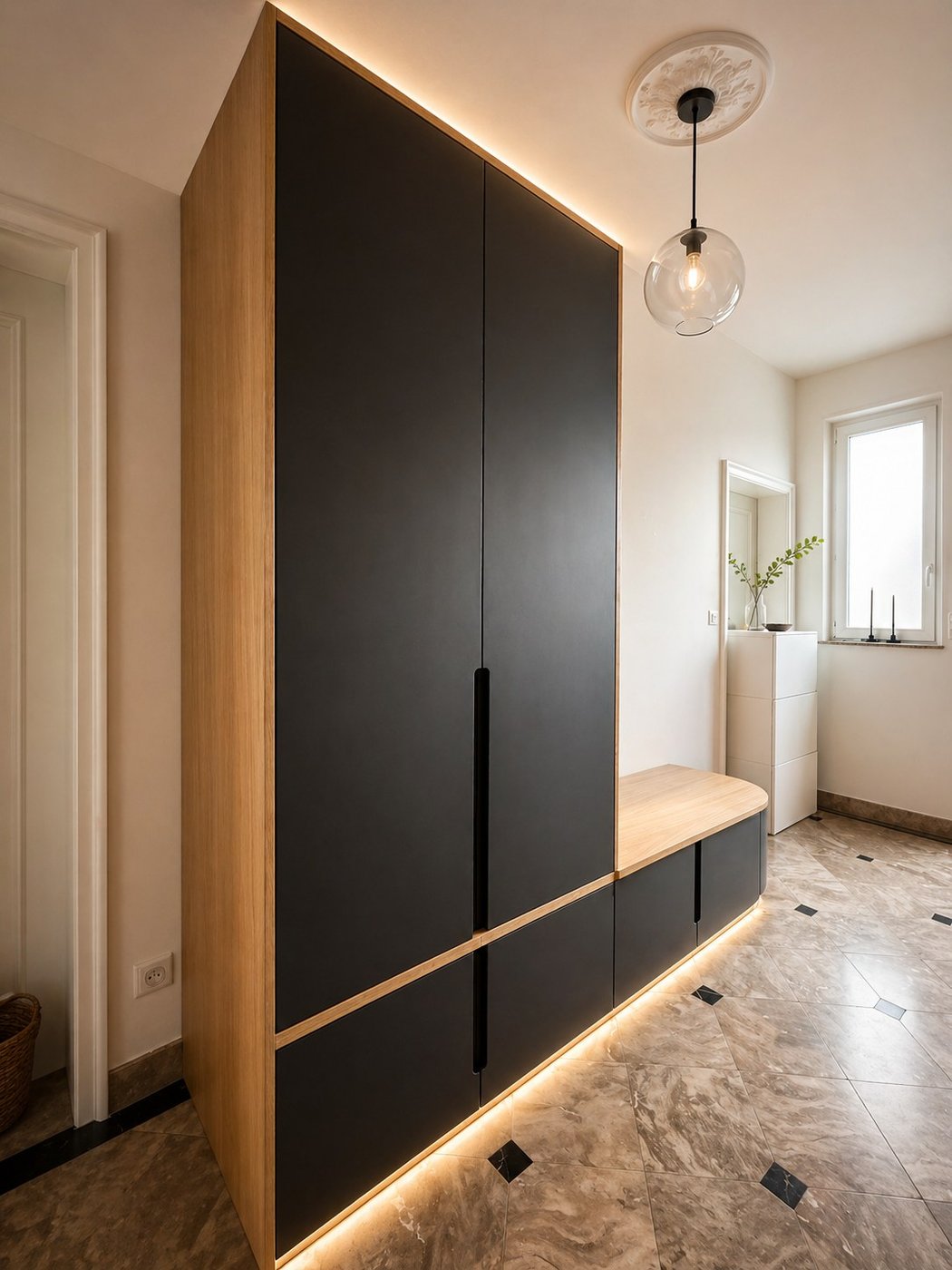 Meuble d'entrée chêne et Valchromat avec banquette tapissée